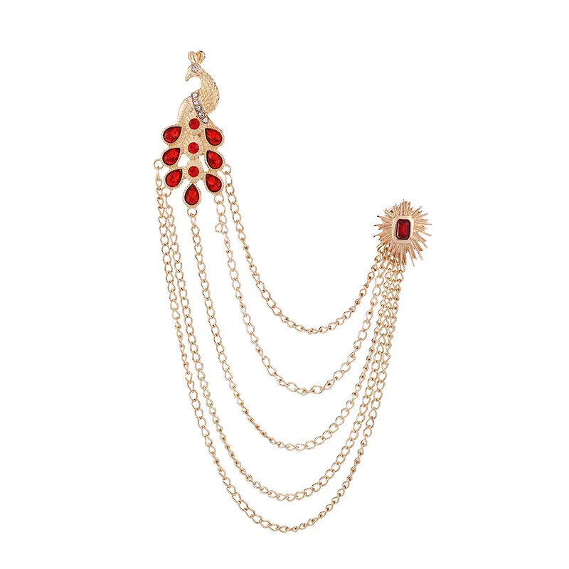 جديد ريترو بروش شارة للنساء والرجال دعوى الطاووس تصميم التلبيب دبابيس مع شرابة سلسلة كريستال مجوهرات أنيقة اكسسوارات #1