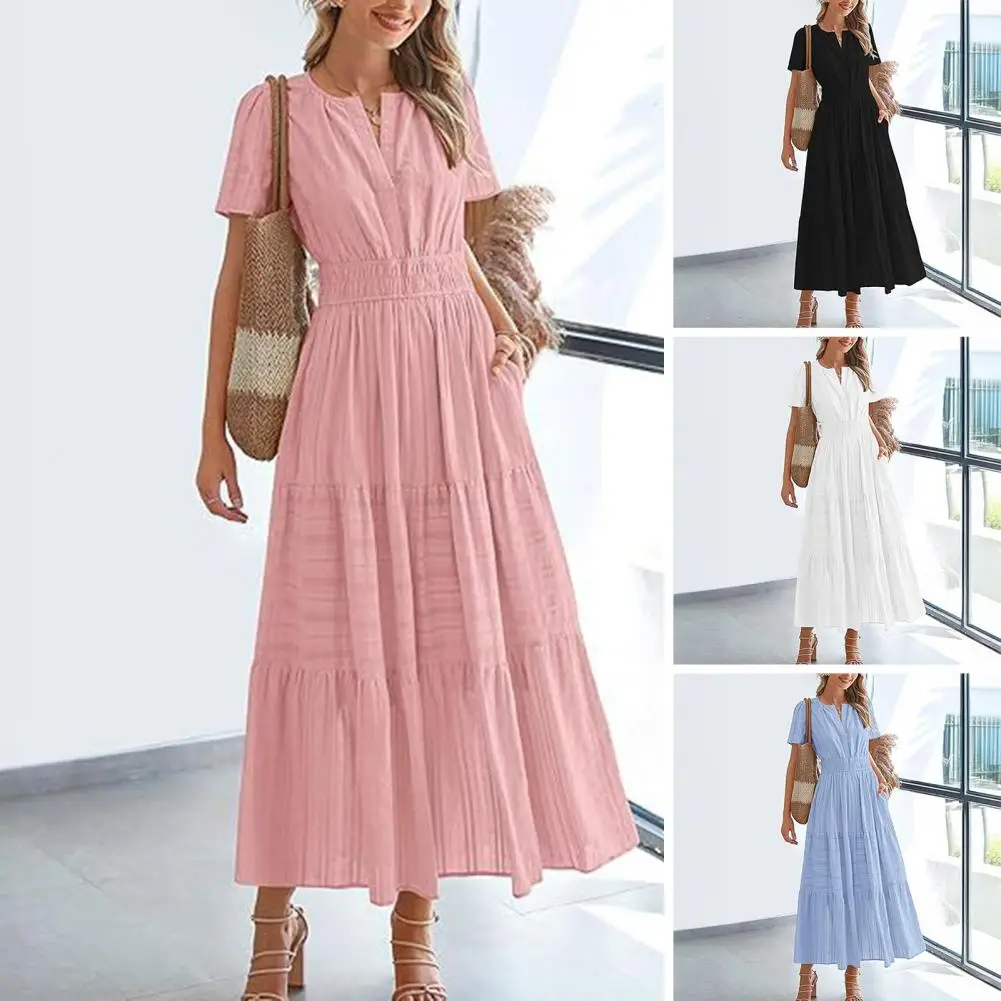 Sway Dress ชุดเดรสแม็กซี่เดรสคอวีหรูหราพร้อมเอวสม็อคฉัตร Flowy Design สําหรับผู้หญิงฤดูร้อนชุดเดรสยาวจีบสั้น