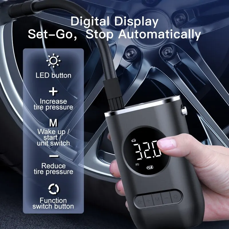 Car/Bike/Ball Air Pump Portable Mini Self Propelled Electric Tire Pump Air Pump Handheld Wireless Digital Display Charging Pump