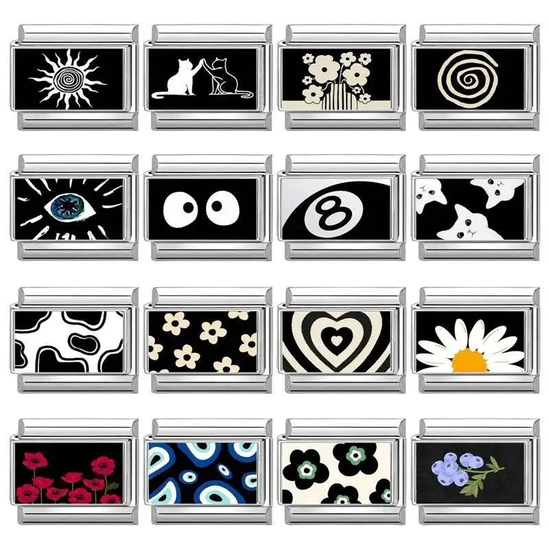 Hapilife New Black Style NO.8 Ball Eyes Flower Cat Italian Links Charm Fit 9Mm Stainless Steel Gift Modular Bracelet Jewelry DIY