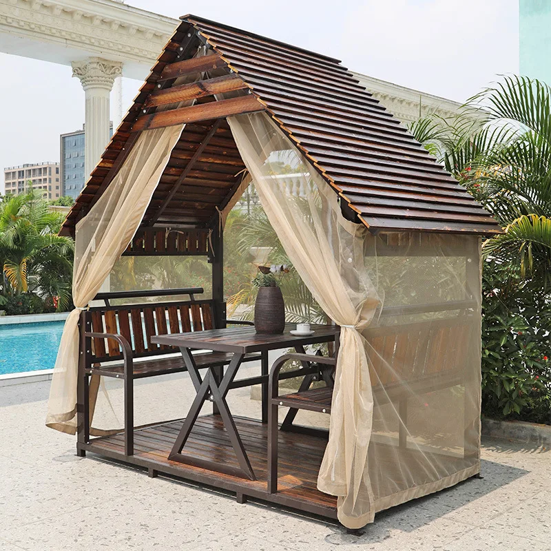 Garden wrought iron mobile assembly carbonized sunshade wooden pavilion outdoor preservative wood