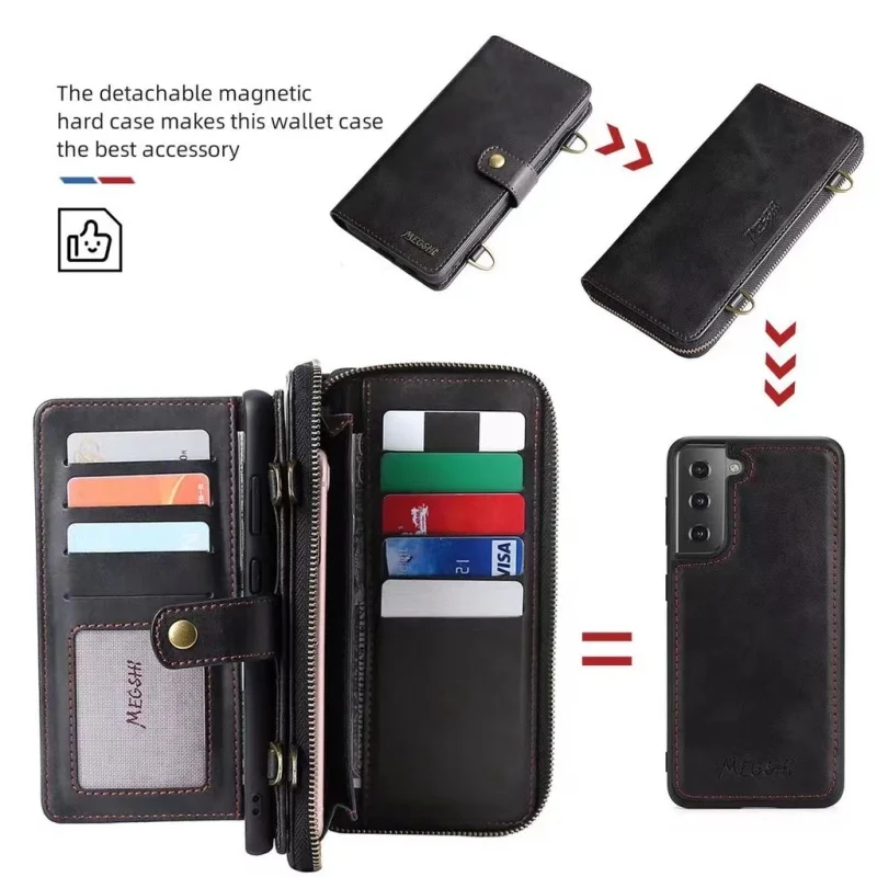 

Removable Leather Zipper Wallet Card Phone Case For Samsung A73 A71 A53 A51 A42 A33 A32 A22 A13 A12 5G Holder 3 in 1 Back Cover