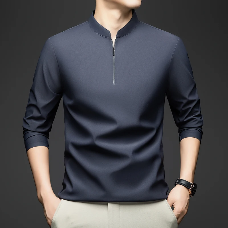 

2025 New Spring and Autumn Long Sleeved T-shirt for Men, Half Height Zipper Stand Up Collar Casual Versatile Men's Base Shirt