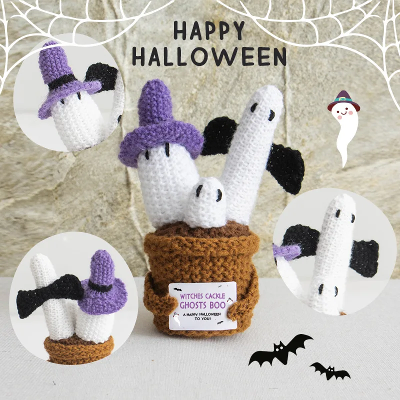 

Halloween Pumpkins Ghosts Desktop Decor Crochet Positive Energy Dolls with Cards Handmade Hug Plant for Handwoven Party Gifts