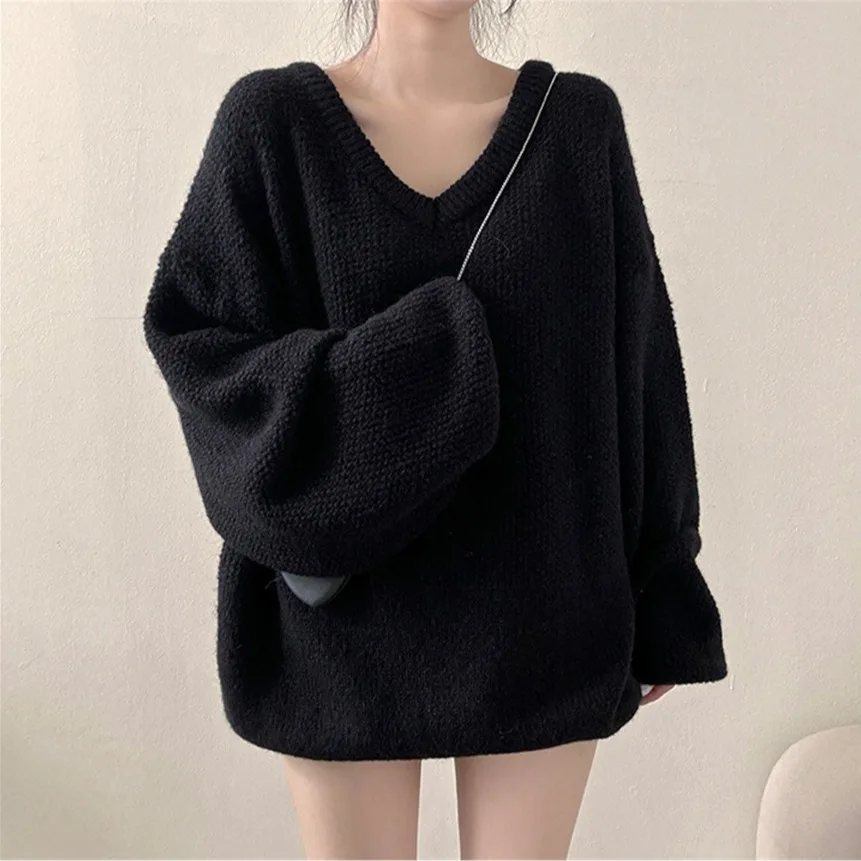 

Autumn and Winter Thick V-Neck Knitwear, Loose Mid-Length Knitwear, Pullover, Pure Color Slimming Long-Sleeved Knitwear
