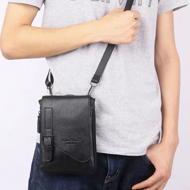 Mini bolso de hombro de cuero genuino para hombres, bolso cruzado de negocios, bolso de mano de cuero de vaca, bolso de teléfono móvil, bolso de