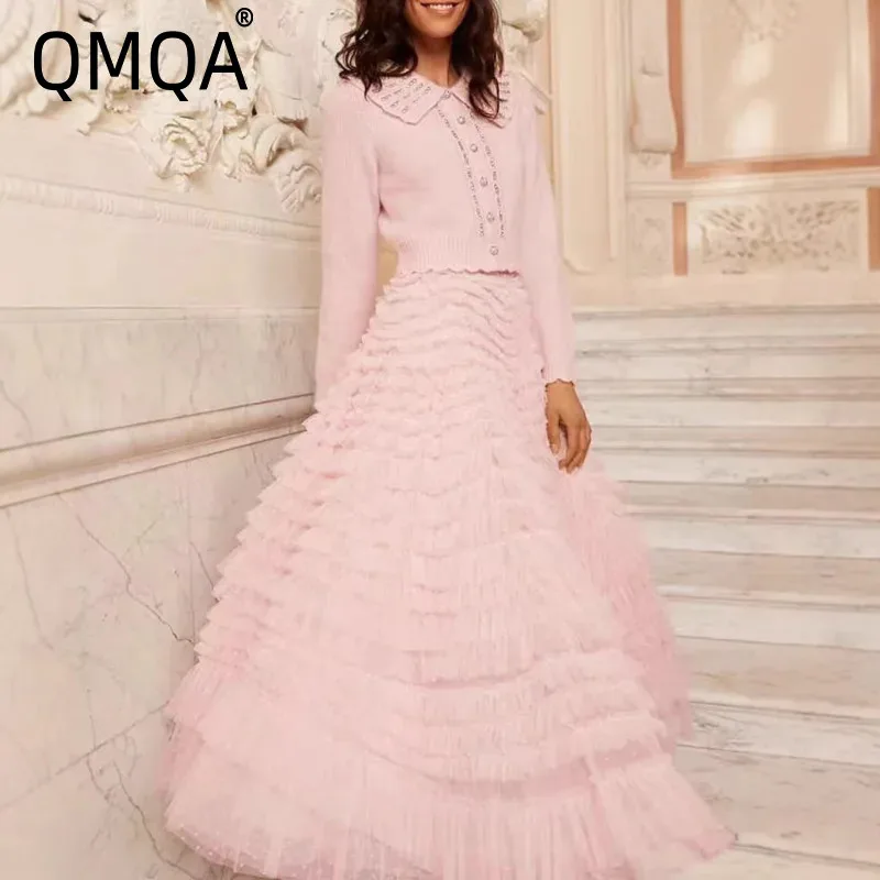 

QMQA Fashion Women's Elegant 2 Piece Set Lapel Long Sleeve Knitted Top High Waist Elastic Waist Mesh Skirts Sets 2025 New 1A916