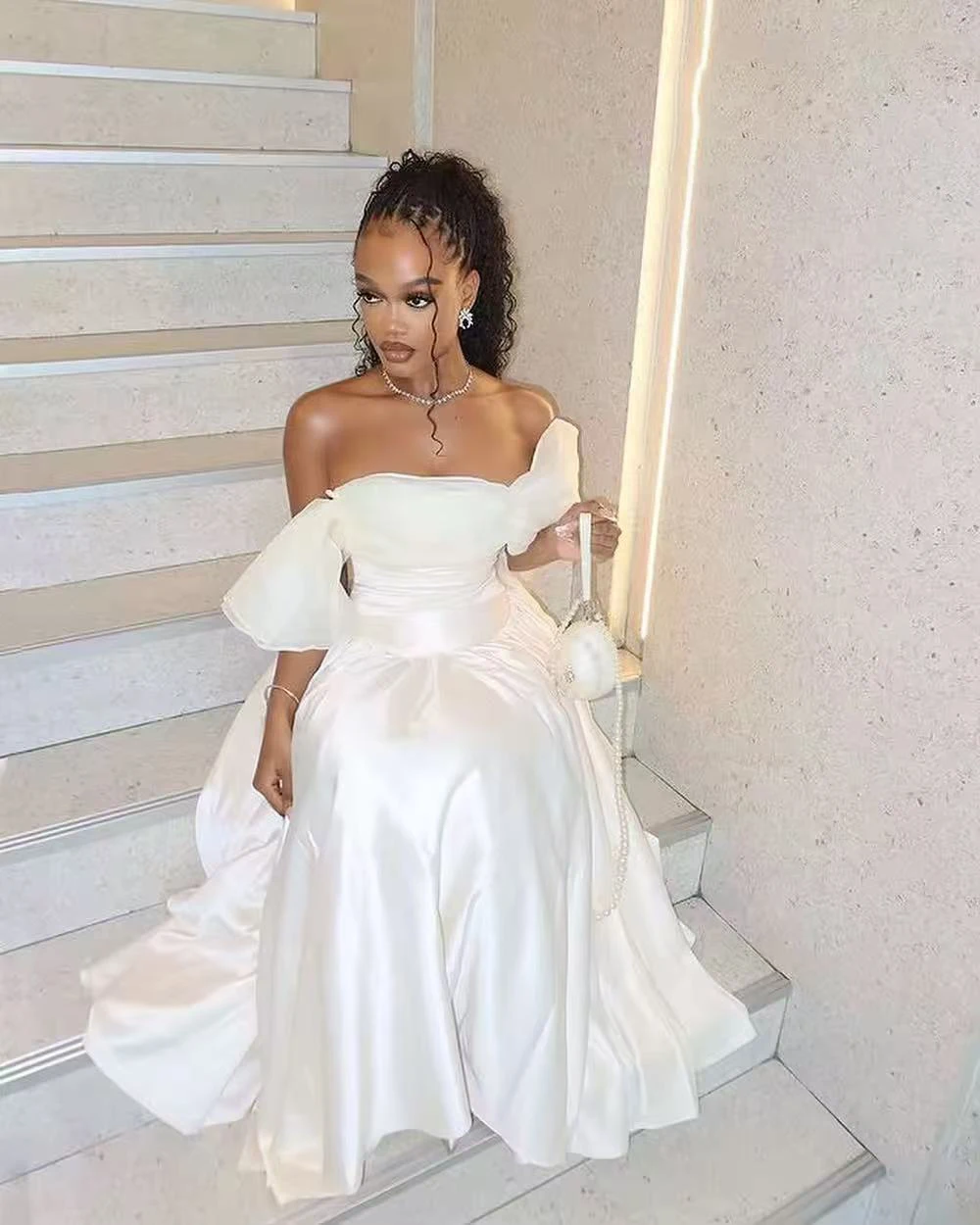 One Shoulder Satin Midi Party Dress with Ruffled Sleeves Modern Mesh Formal Event Dresses Pretty Tiered Evening Gowns