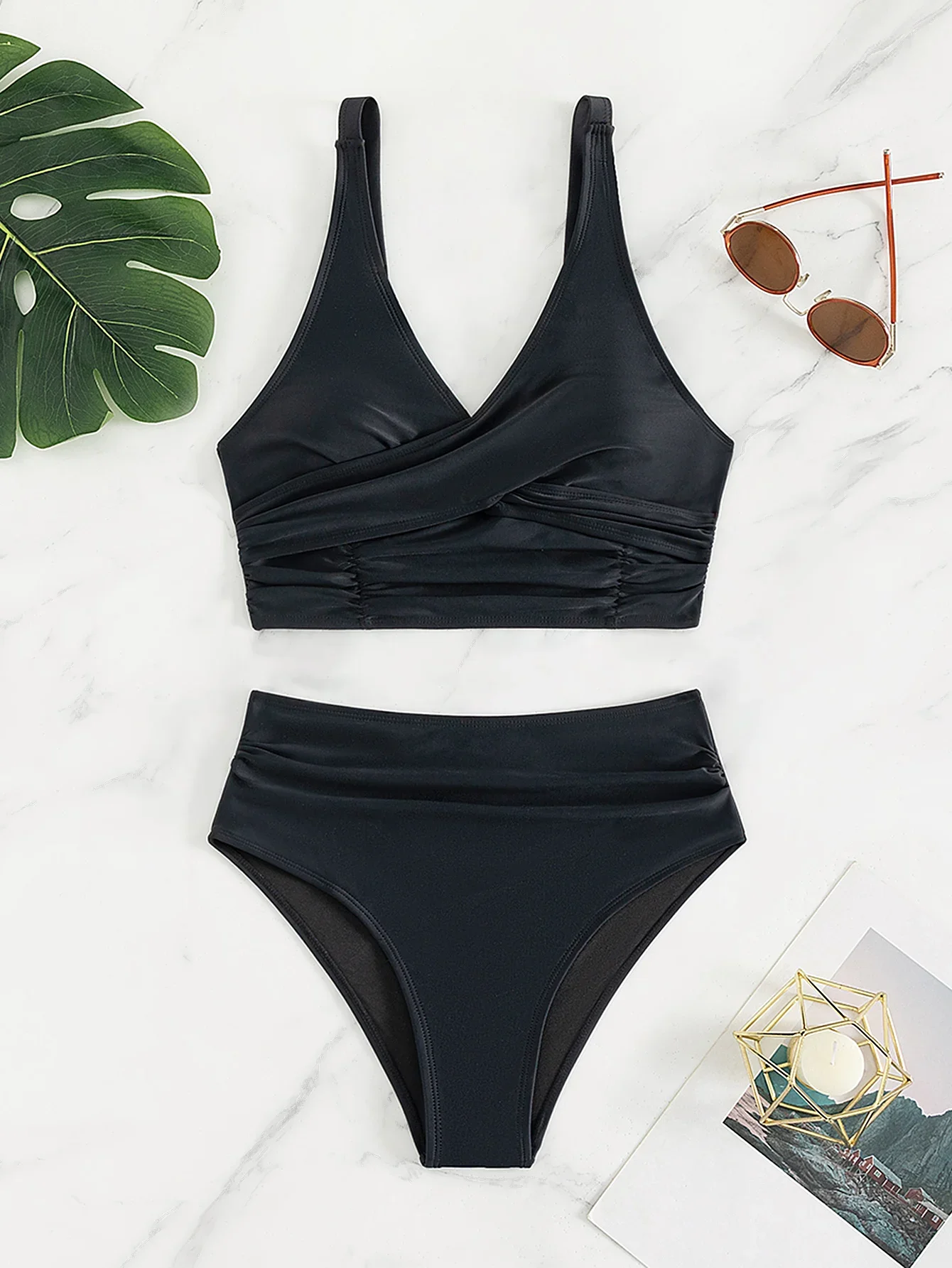 Conjunto de biquíni preto gola V feminino, roupa de banho de cintura alta, maiô praia sem costas, maiô, verão, 2 peças