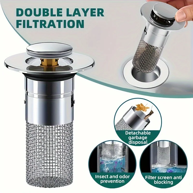 1pc Stainless Steel Bathroom Sink Plug Stopper, Sink Drain Strainer, Pop-Up Basin Anti-Odor Bouncing Core Stopper Filter