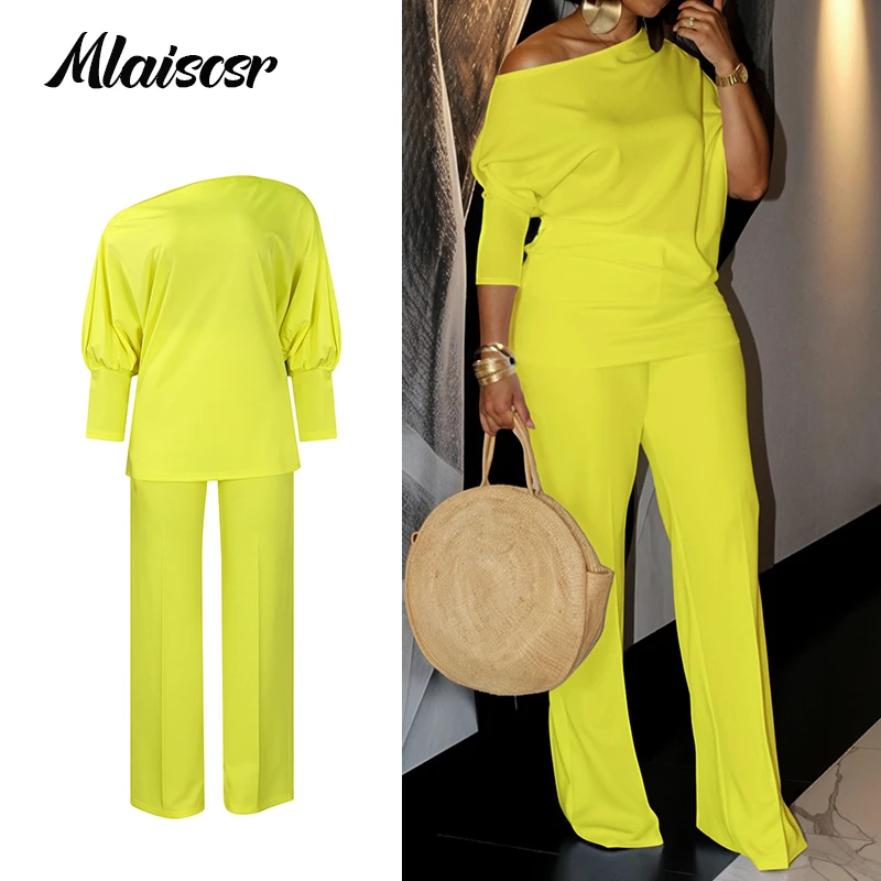 

Mlaiscsr Autumn Sports Casual Women's Set Full Sleeve Skew collar T-shirt and Wide Leg Pants Sui Fall Fitness Two 2 Piece Suit