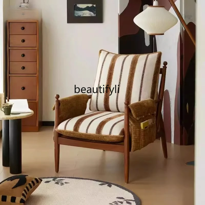 

Vintage Style Solid Wood Leisure Chair for Home Living Room Lazy People Homestay Hotel Designer French Retro Sofa Single Chair