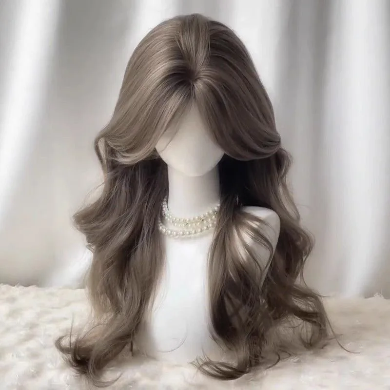 Bruine pruik, lang haar, kunstmatig gesimuleerd haar, anime spelaccessoires, cosplay, volledig hoofddeksel, krullend haar, fotoshow rekwisieten