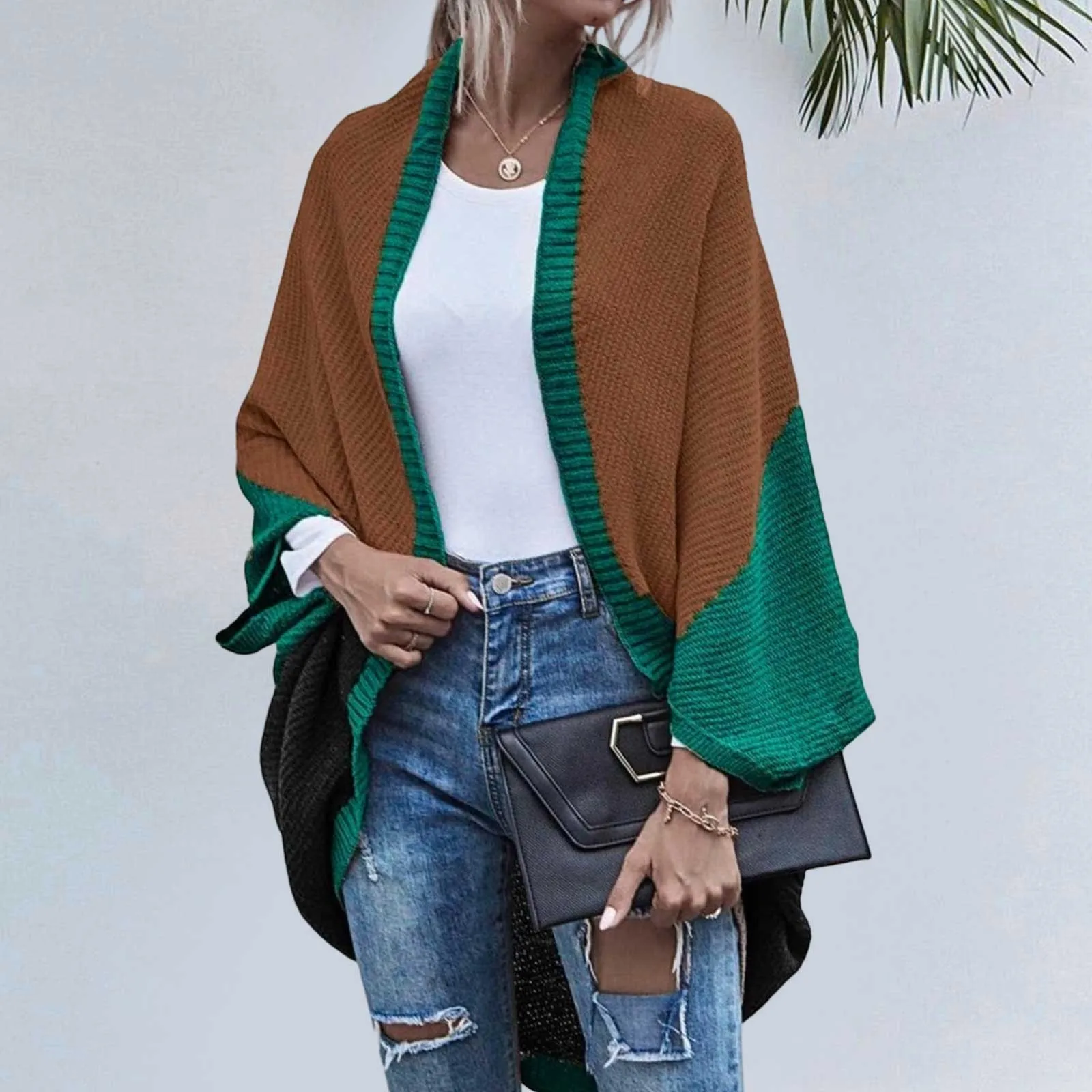 Women's Cardigan Striped Draped Cardigan Patchwork Side Long Sleeve Autumn and Winter New Colorblocking Knitted Sweater Jacket