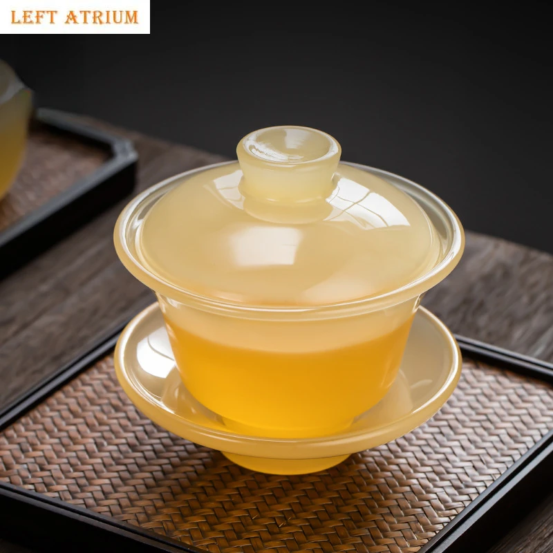 

Китайская чашка Gaiwan с желтым драконом, нефритовая фарфоровая чаша Sancai с крышкой, чашка для чая, утолщенная большая стеклянная чашка, чайный сервиз, аксессуары