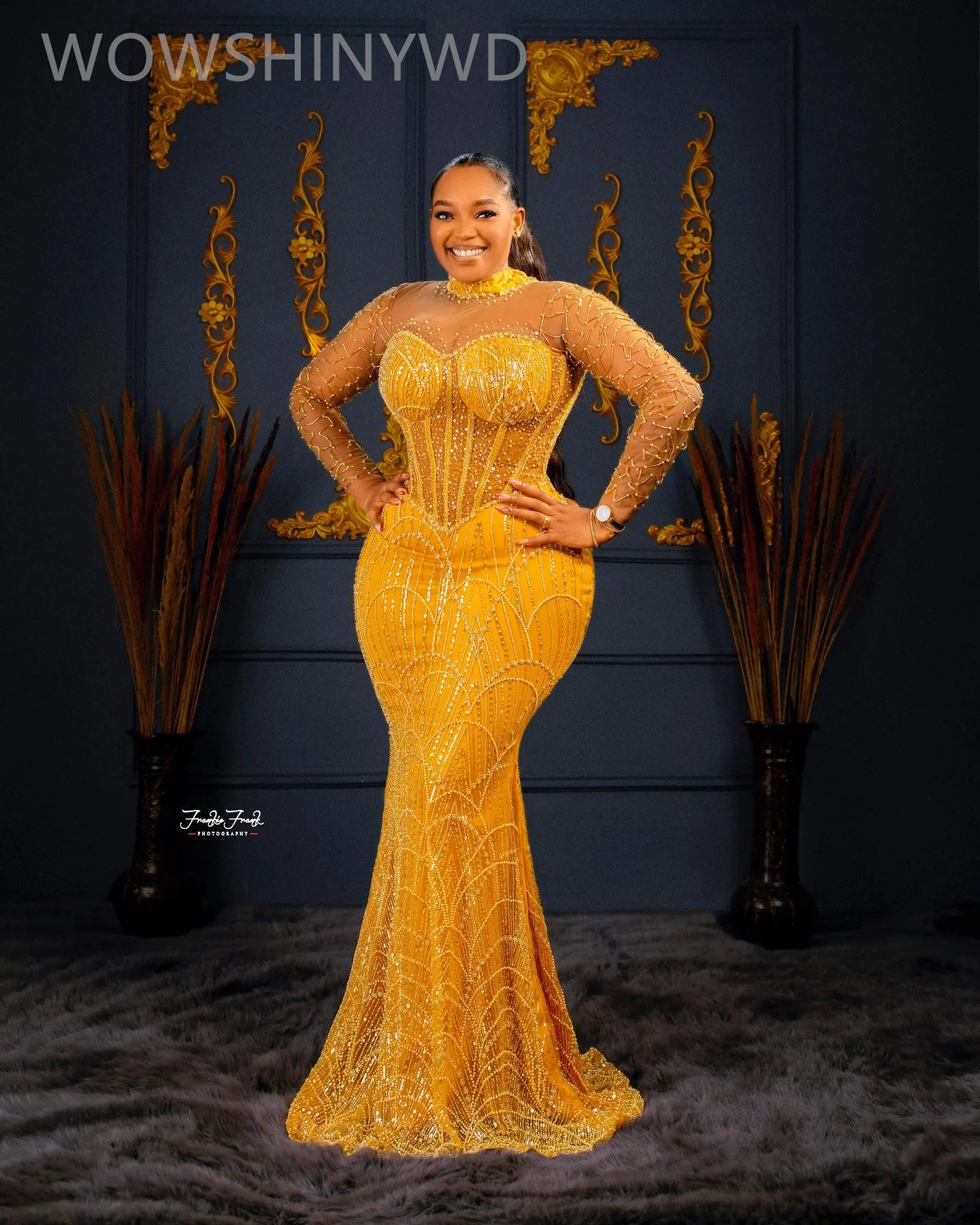 

2024 Plus Size Mermaid Yellow Prom Dresses Sequined Beaded Evening Formal Party Second Engagement Birthday Gowns Dress ZJ84