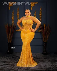 2024 Plus Size Mermaid Yellow Prom Dresses Sequined Beaded Evening Formal Party Second Engagement Birthday Gowns Dress ZJ84