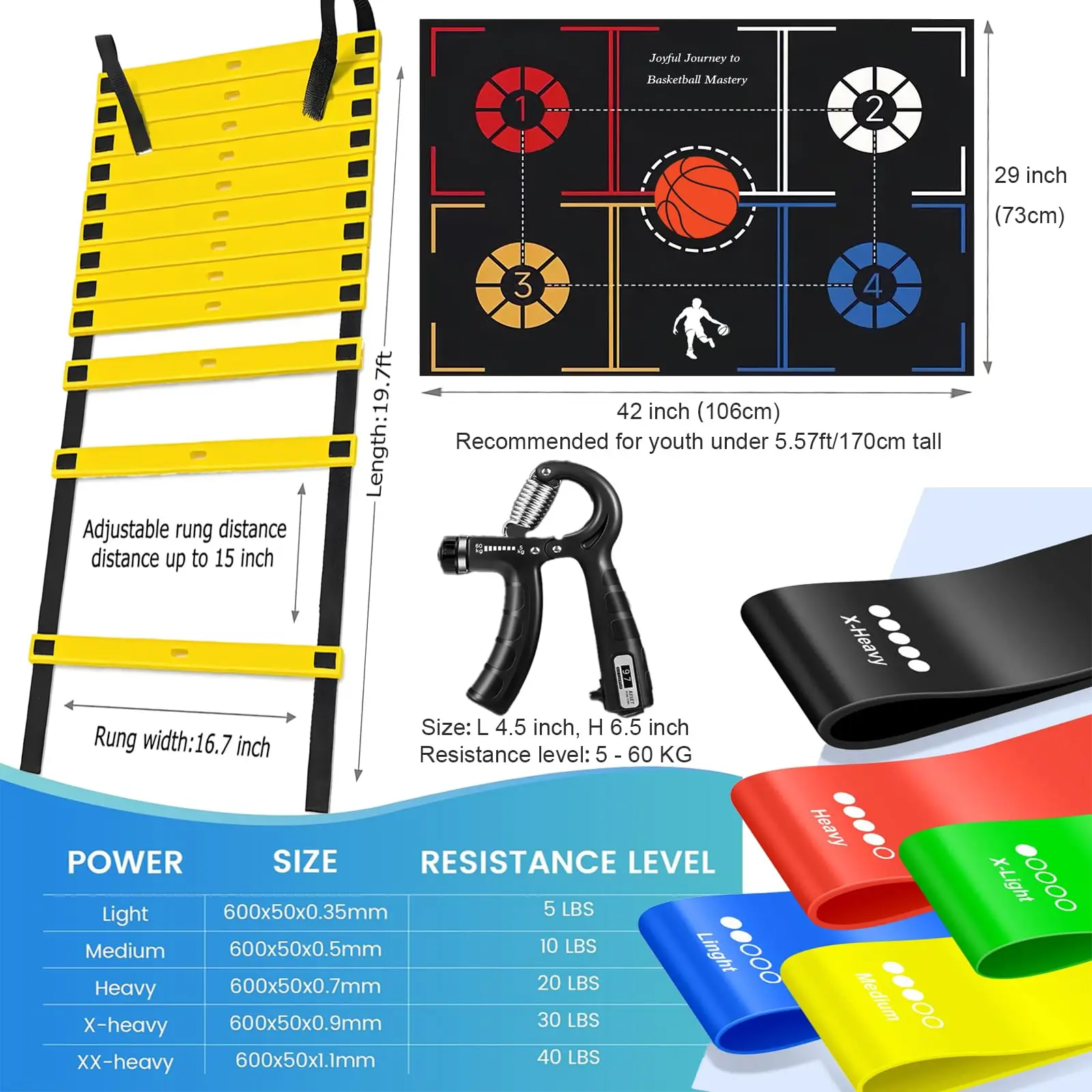 Basketball Training Equipment Kit with Dribble Trainer Footwork Training Agility Ladder Hand Grip Strengthener Resistance Bands