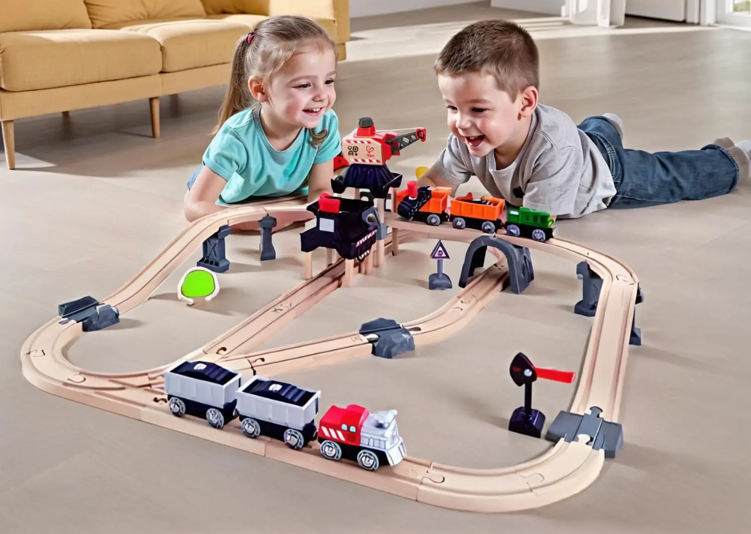 ชุดเครนและรถไฟบรรทุกสินค้า |   ชุดของเล่นรถไฟไม้พร้อมเครนแม่เหล็ก รถตักแบบกดปุ่ม และสัญญาณรางรถไฟแบบปรับได้