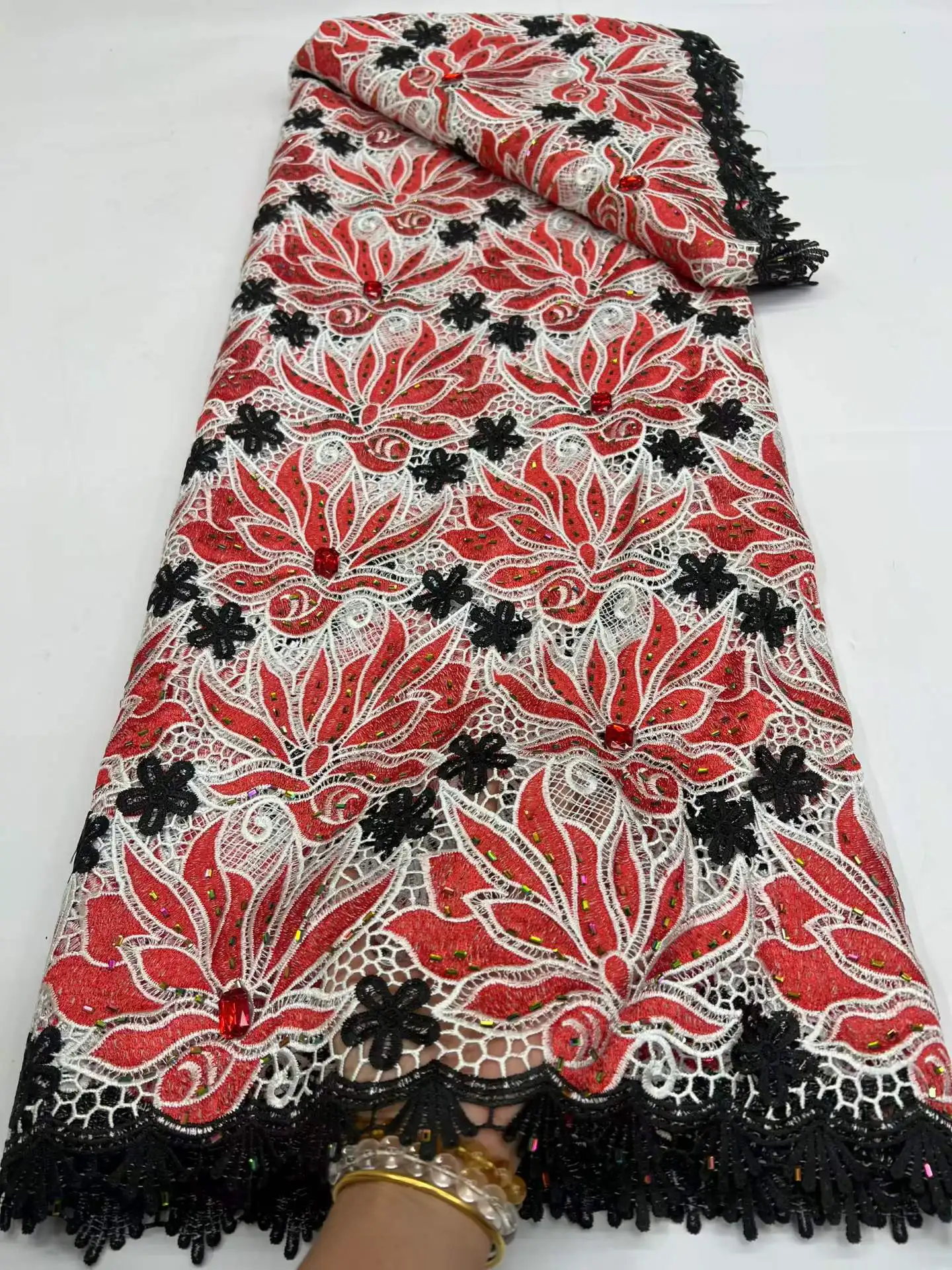 

African Guipure Cord Lace Fabrics 2026 High Quality Nigerian Stones French Chiffon Lace Fabrics 5 Yards for Wedding Asoebi
