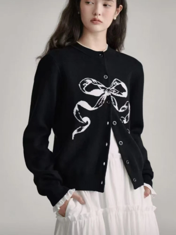 

Женский свитер, вязаный кардиган с длинным рукавом, свободный бант, жаккардовый контрастный цвет, ретро, французский, милый, универсальный, осень-зима