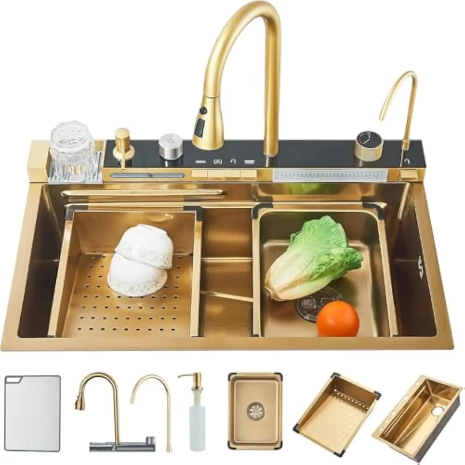 

Brushed Gold Waterfall Kitchen Sink Stainless Steel Single Bowl Drop in Sink with Pull-Out Faucet Kitchen Sink Workstation with