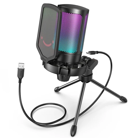 FIFINE Microfone Condensador USB para Jogos, para PC PS4 PS5 MAC com Suporte de Choque de Filtro Pop e Controle de Ganho para Podcasts, Ampligame A6V