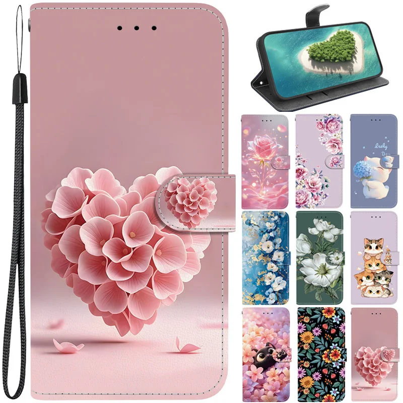 Heart Floral Cluster Case for Samsung Galaxy S26 Ultra S25 Edge S24 S23 S21 FE S22+ Plus Cover Paint Leather Wallet Phone Cases
