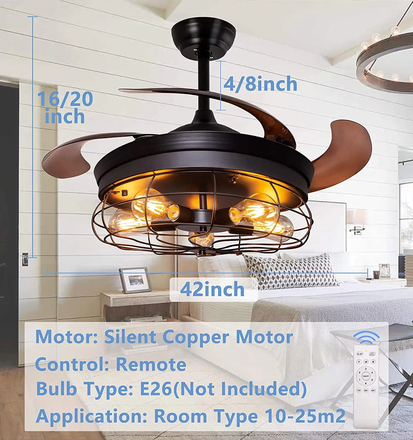 Black 42'' Rustic Industrial Ceiling Fan with Retractable Blades Indoor Outdoor Use Remote Control Included for Kitchen Patio Li