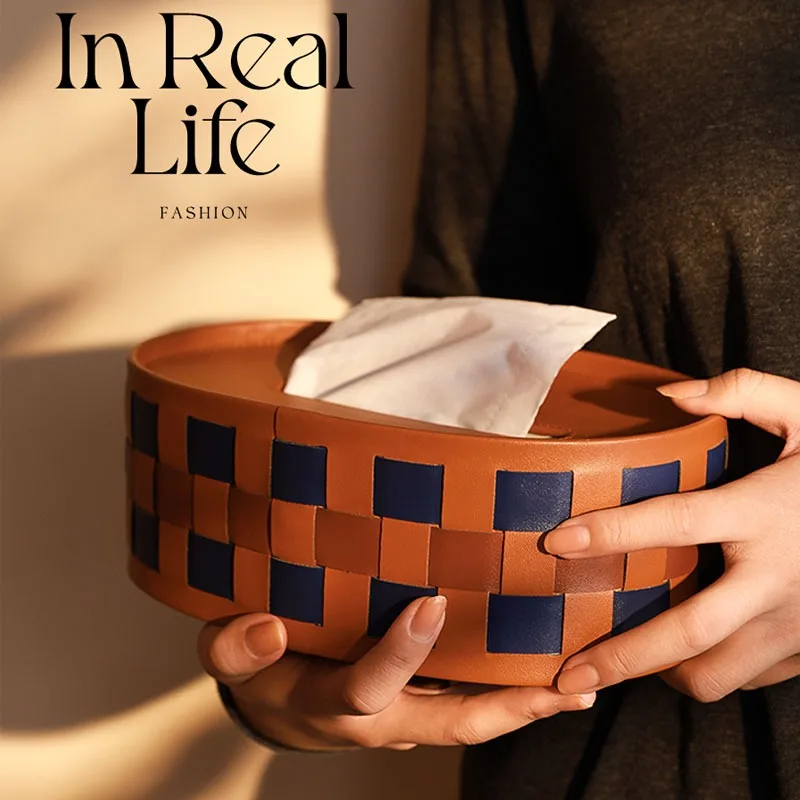 Imagem -03 - Retro Checkerboard Fiber Leather Tissue Box Handwoven Titular Tissue Luz Luxo Sala Mesa de Jantar Desktop Decor