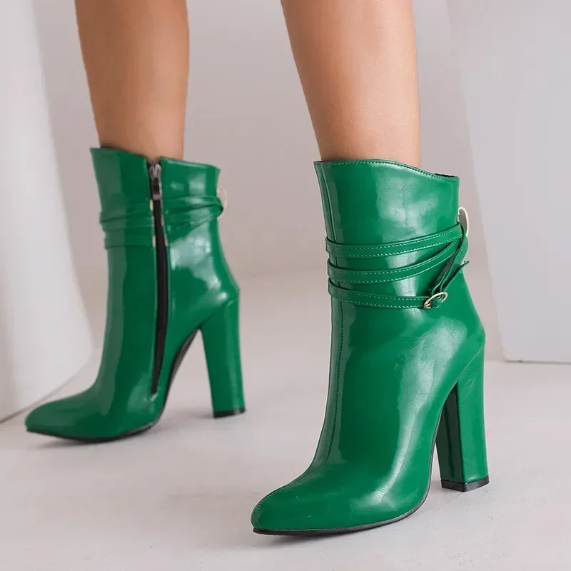 Autumn Winter Women Ankle Boots Blue Green Patent Leather High Block Heels Party Lady Zipper Buckle Belt Pointed Toe Short Boots