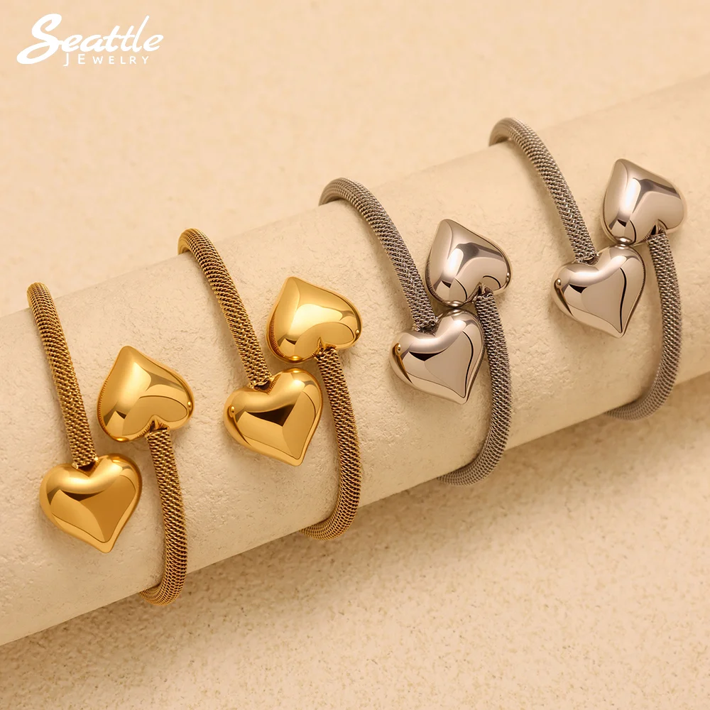 

Fashion 18K Gold-Plated Open Femme Hand Bracelet Women's Gold Color Silver Heart 316 Stainless Steel Bracelet Colorfast Bangle