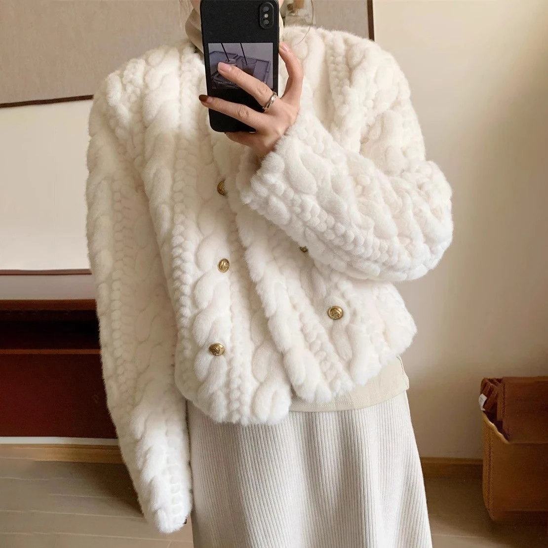 خريف شتاء 2026 جديد المنك المخملية الفراء الفراء سترة المرأة معطف الجولة الرقبة مزدوجة الصدر قصيرة فضفاضة الدافئة الفراء سترة القمم