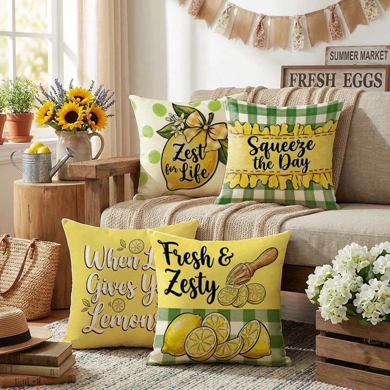 VIKAMA Fresh and Zesty Lemon Pillow Cover Summer Citrus Cushion Case for Living Room Bedroom Cozy Home Decor