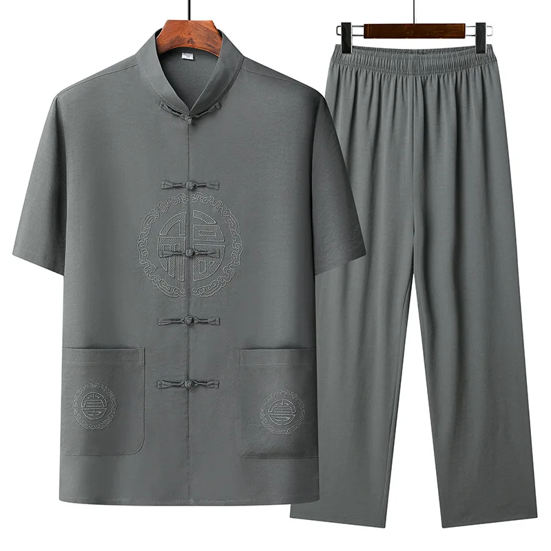 

Повседневная вышивка на пуговицах, одежда Kong Fu, китайский костюм Тан с воротником-стойкой, мужская рубашка с короткими рукавами, брюки, винтажная одежда ханьфу