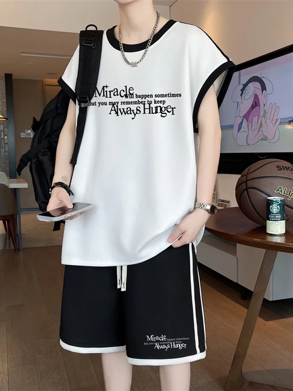 

Комплект из футболки и шорт из ледяного шелка для мальчиков-подростков: летняя спортивная одежда, быстросохнущий комплект для активного отдыха, большие размеры детской одежды