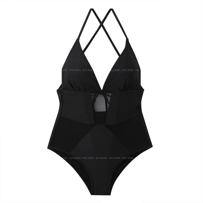 สีดํา Splice ดูผ่านบิกินี่ผู้หญิงชายหาดเซ็กซี่ Low-Cut One-piece ชุดว่ายน้ํา Tummy COVER Slimming กลับชุดว่ายน้ําที่สวยงาม