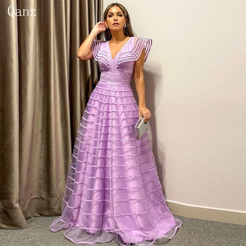 Qanz Luxury Tulle Evening Dresses Cap Sleeves Satin Ruched Elegant Women Wedding Party Gowns Vestido Formatura Customized