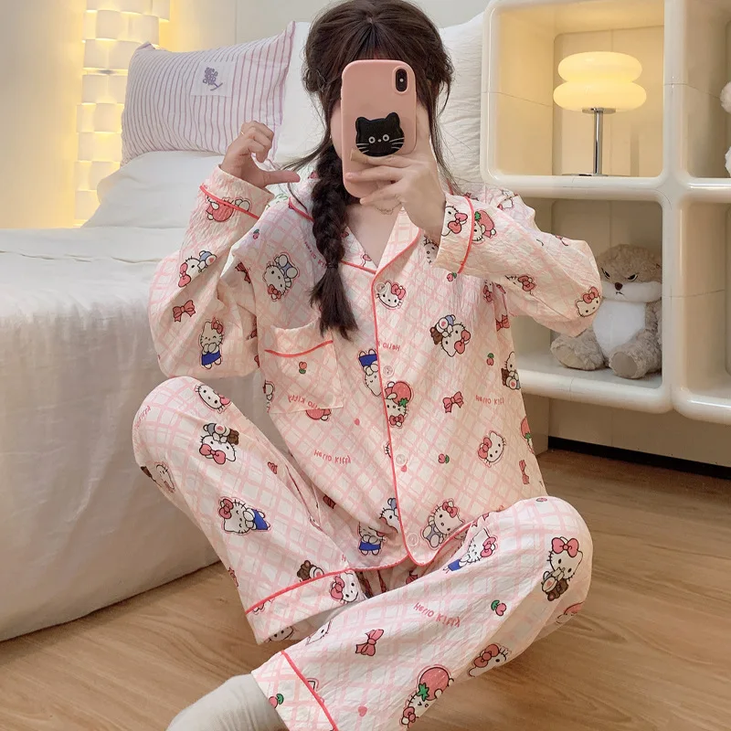 Pijamas de algodón con dibujos animados de Hello Kitty para mujer, conjunto de ropa de casa de manga larga con diseño de nube rosa dulce para primavera y otoño