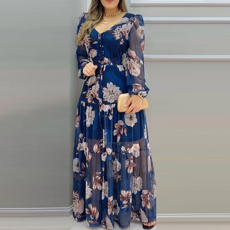 Summer Holiday Fashion Women\'s Dress Elegant Casual Floral Printing Mesh Splicing V-Neck Long Sleeve High Waist Maxi Dress