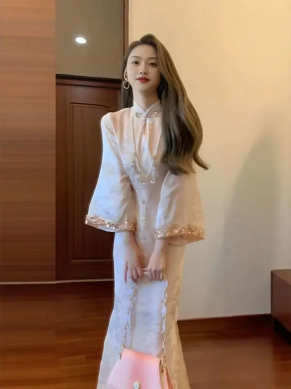 

Ele Gentle Wind High-End Fitting Skirt Simple Ele New Chinese National Sle Dr Long Sve Midi Qipao for Young W...