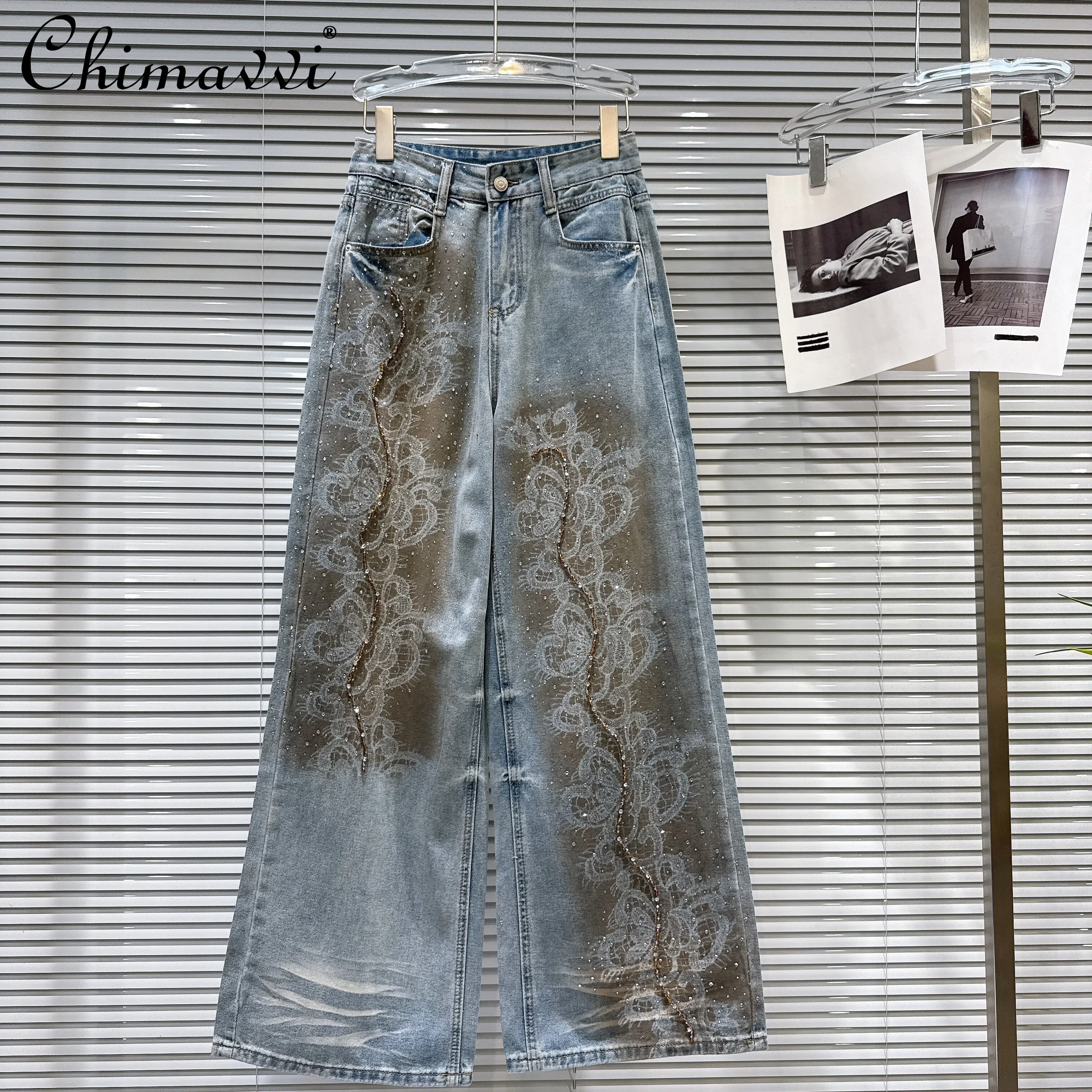 

2026 Spring Fashion Retro Hot Girl Versatile Casual Denim Pants High Waist Studded Do Old Loose Wide Leg Blue Jeans for Women