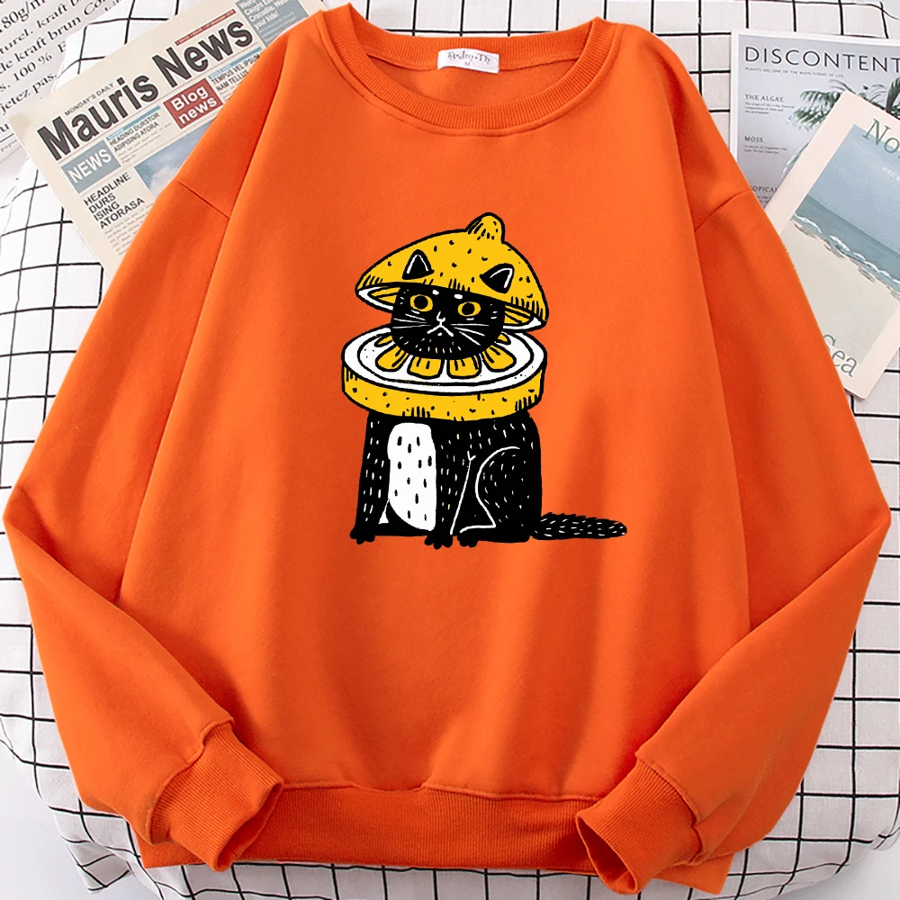 

Cute Lemon Cartoon Cat Print Female Sweatshirt Street Crewneck Streetwear Hipster Soft Pullovers Autumn Casual Womans Clothing