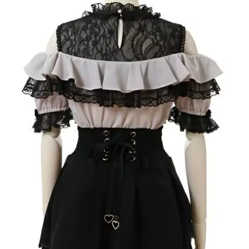 Harajuku Süße Blusen Frauen Lolita Elegante Liebe Herz Bogen Off Schulter JK Hemd Mädchen Casual Spitze Rüschen Y2k Tops Mujer Blusas