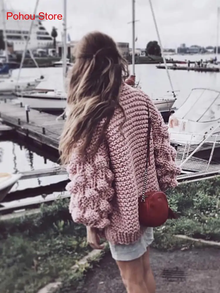 Autumn and Winter European and American Style Pure Handmade Woven Ball Lantern Sleeve Sweater Cardigan Jacket Coat for Women