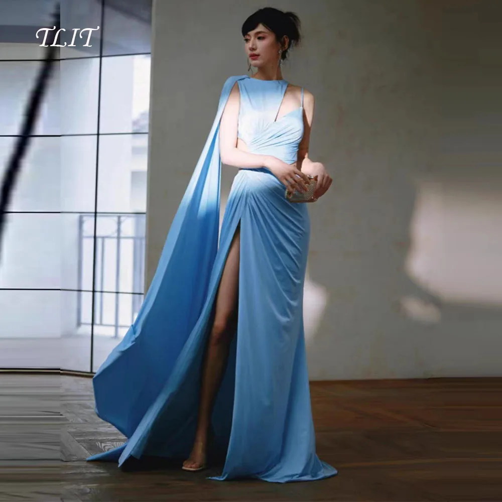 TLIT elegante hemelsblauwe elastische satijnen avondjurken Korea fotoshoot op maat gemaakte O-hals hoge zijsplit lange sjaal galajurken