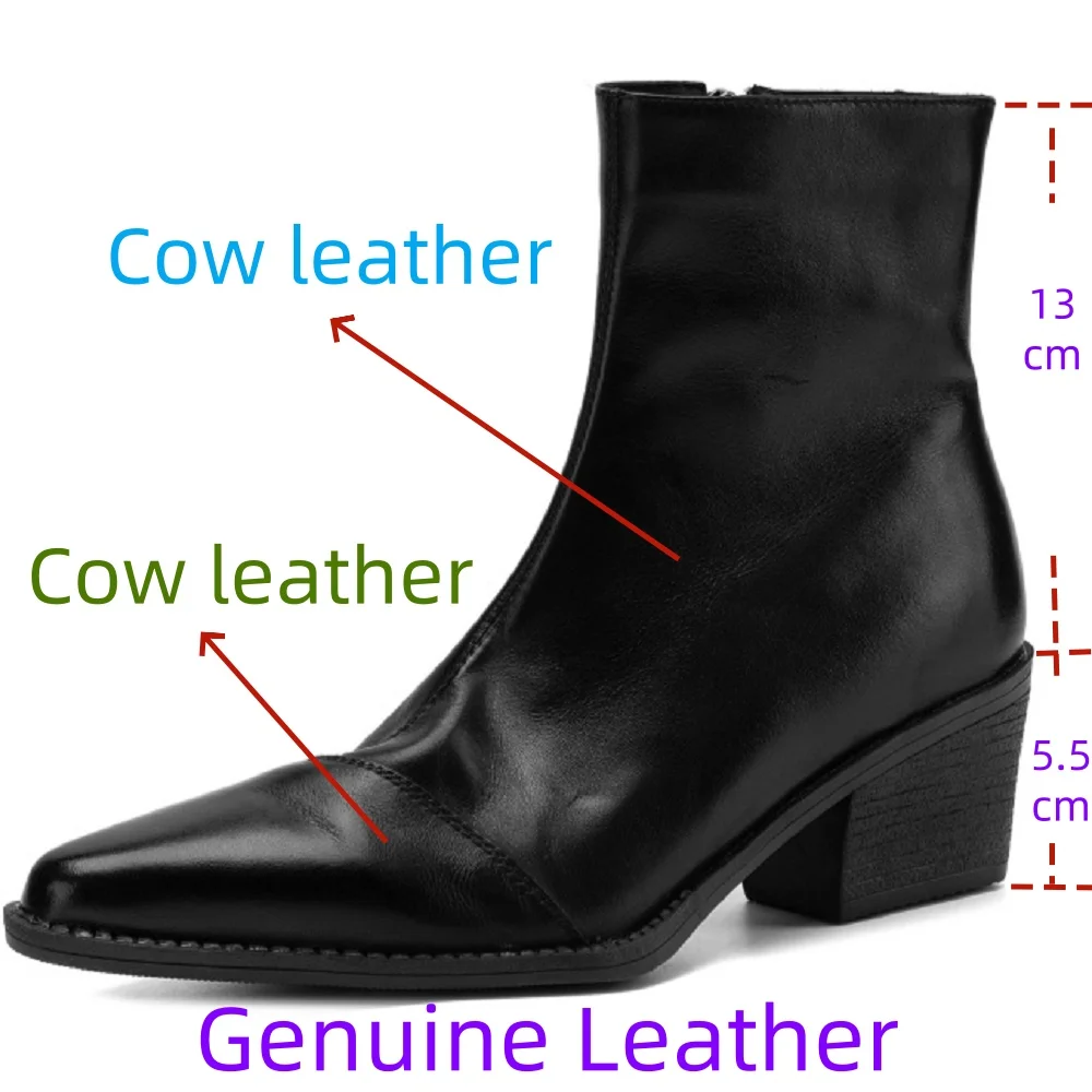【JOCHEBED HU】Handmade Genuine Leather Short Boots Pointed Toe Mid Heel Modern Boots Simple Style Commute Women's Boots 34-40