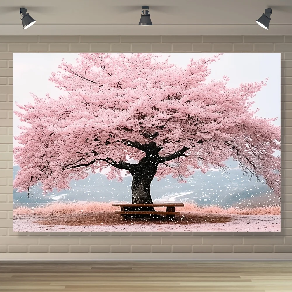 

Фреска на стену «Цветущее дерево сакуры с розовыми цветами и деревянной скамейкой» для декора дома
