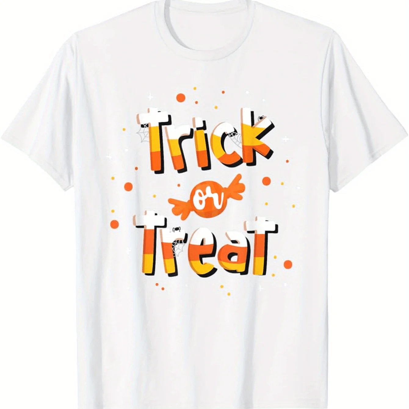 تي شيرت برسومات Halloween Trick Treat للرجال - أسود مع طباعة حلوى صفراء وبرتقالية وأكمام قصيرة كاجوال برقبة دائرية