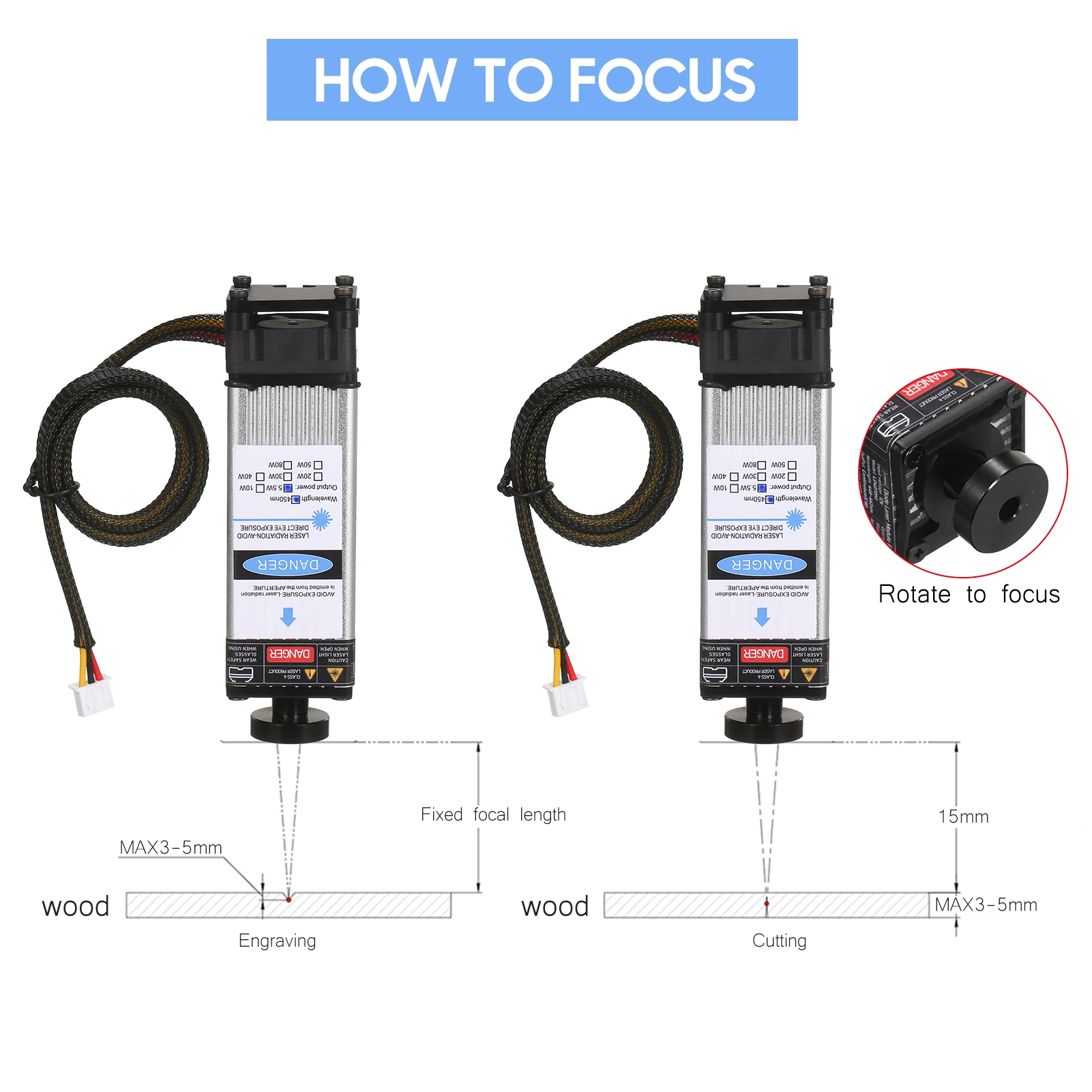 80 واط 40 واط وحدة الليزر 450nm النقش بالليزر رئيس قابل للتعديل البعد البؤري لآلة الحفر بالليزر آلة قطع جهاز التوجيه باستخدام الحاسب الآلي #5